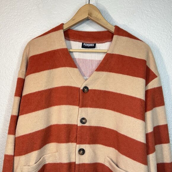 Pleasures Typo Cardigan Orange Striped Pockets Sweater Wool Blend Autumn Men L - Picture 2 of 11